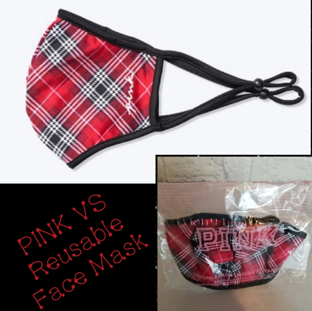 PINK Victoria's Secret Plaid Reusable Face Mask Adjustable Red Black Design New